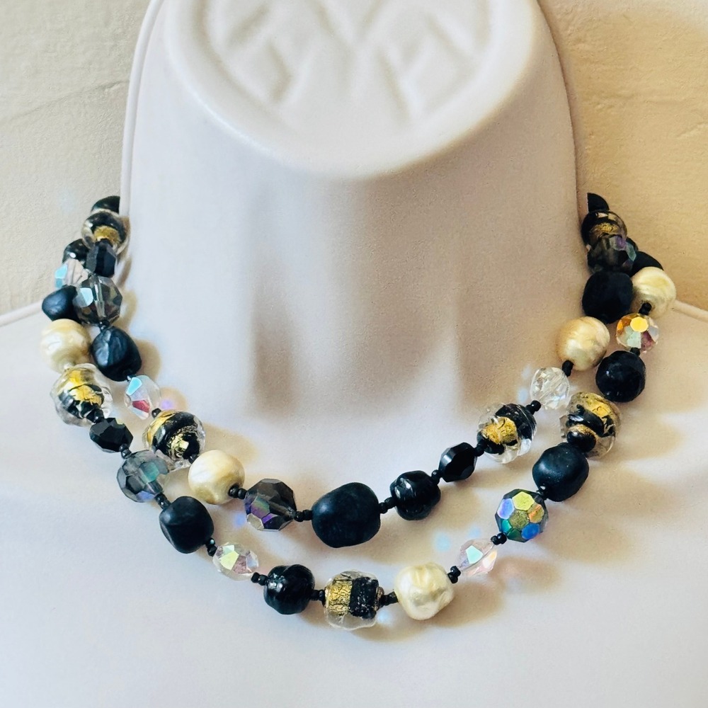 Vtg Crystal‎ Glass Necklace Multi Venetian Gold Foil Choker 40s French Elegance